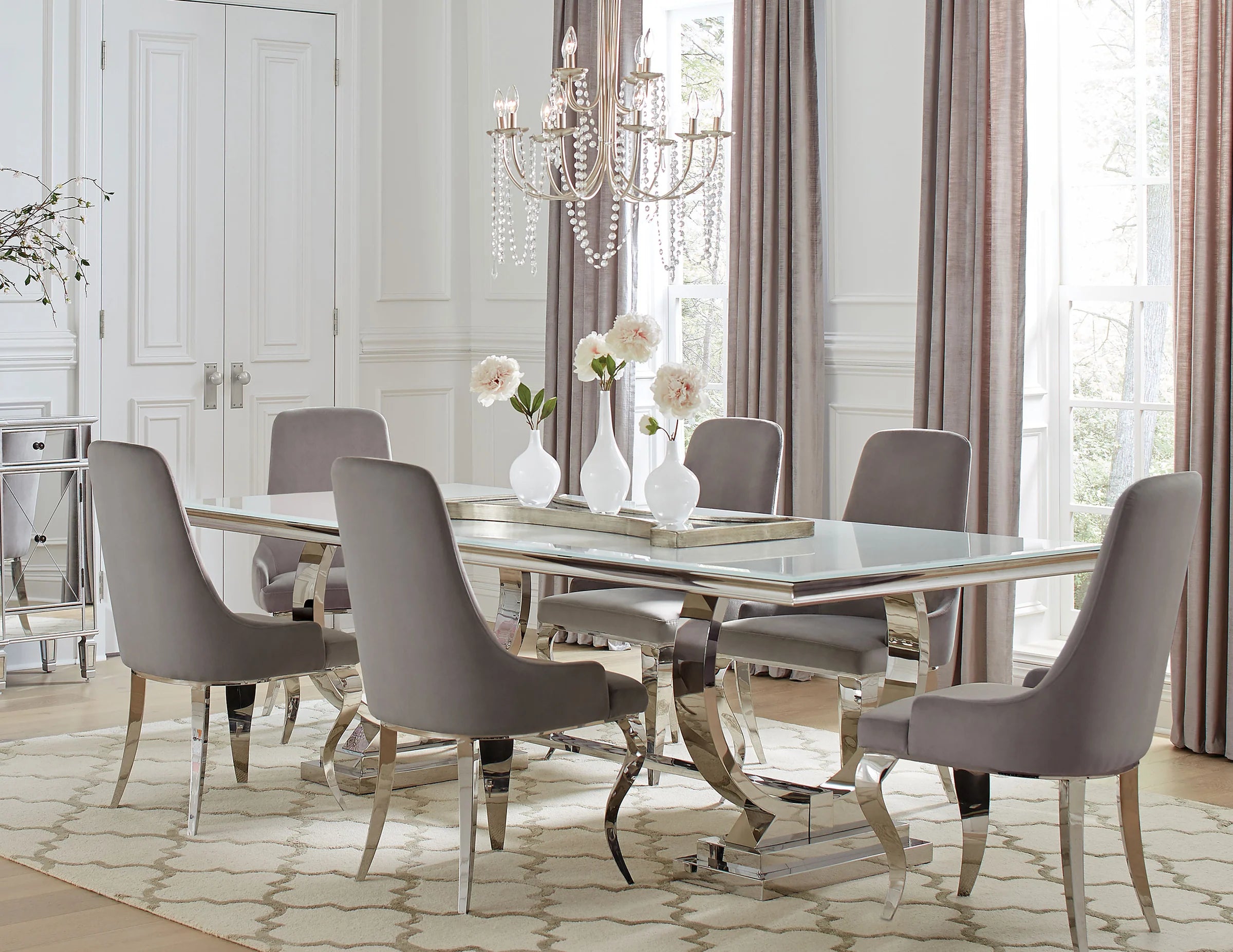 Antoine Collection Rectangle White/Chrome Dining Set with 6 Arm Chairs