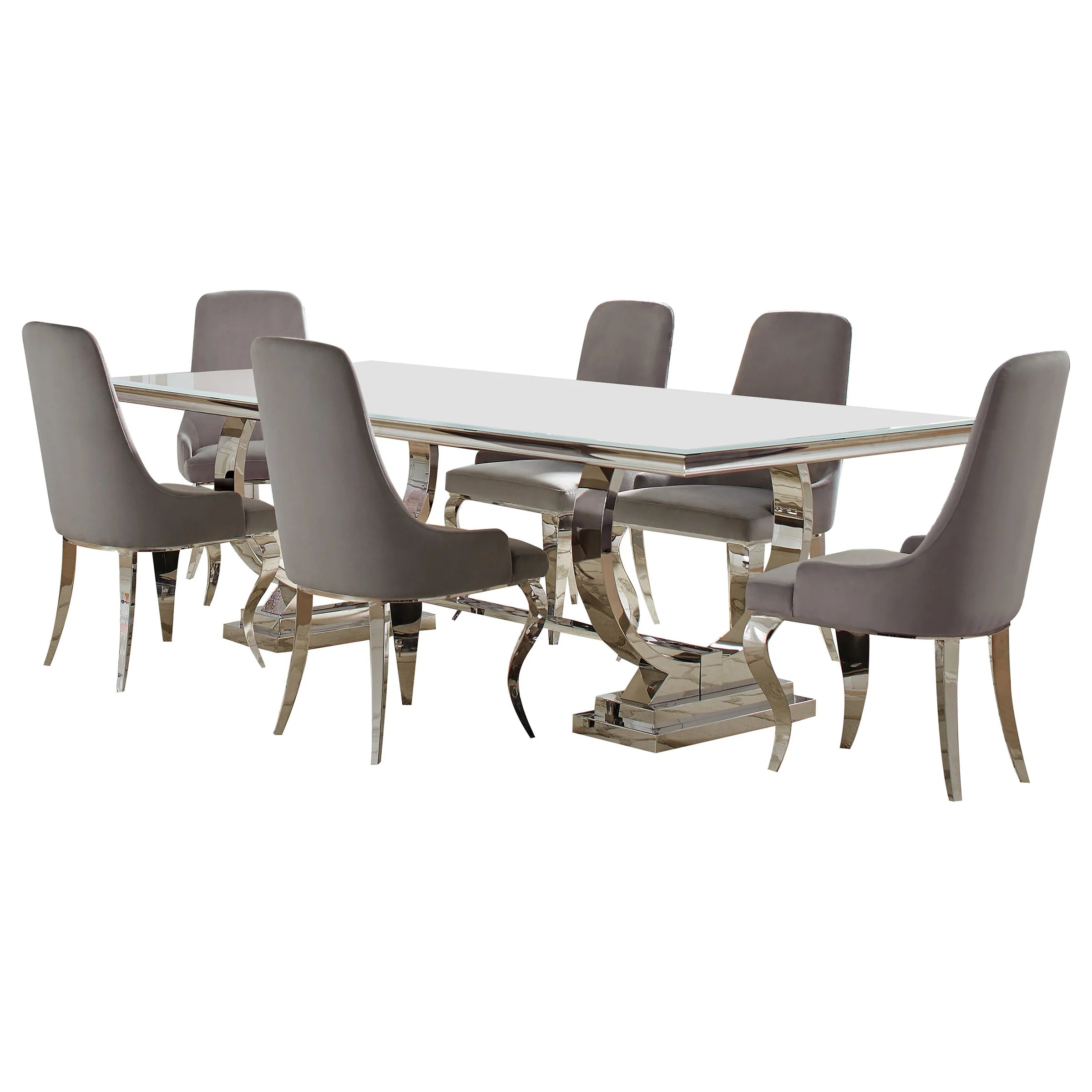 Antoine Collection Rectangle White/Chrome Dining Set with 6 Arm Chairs