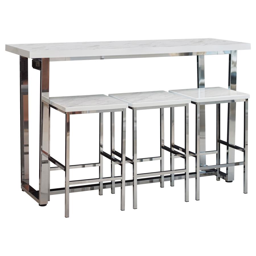 Marmot 4-piece Rectangle Counter Height Set White Marble and Chrome