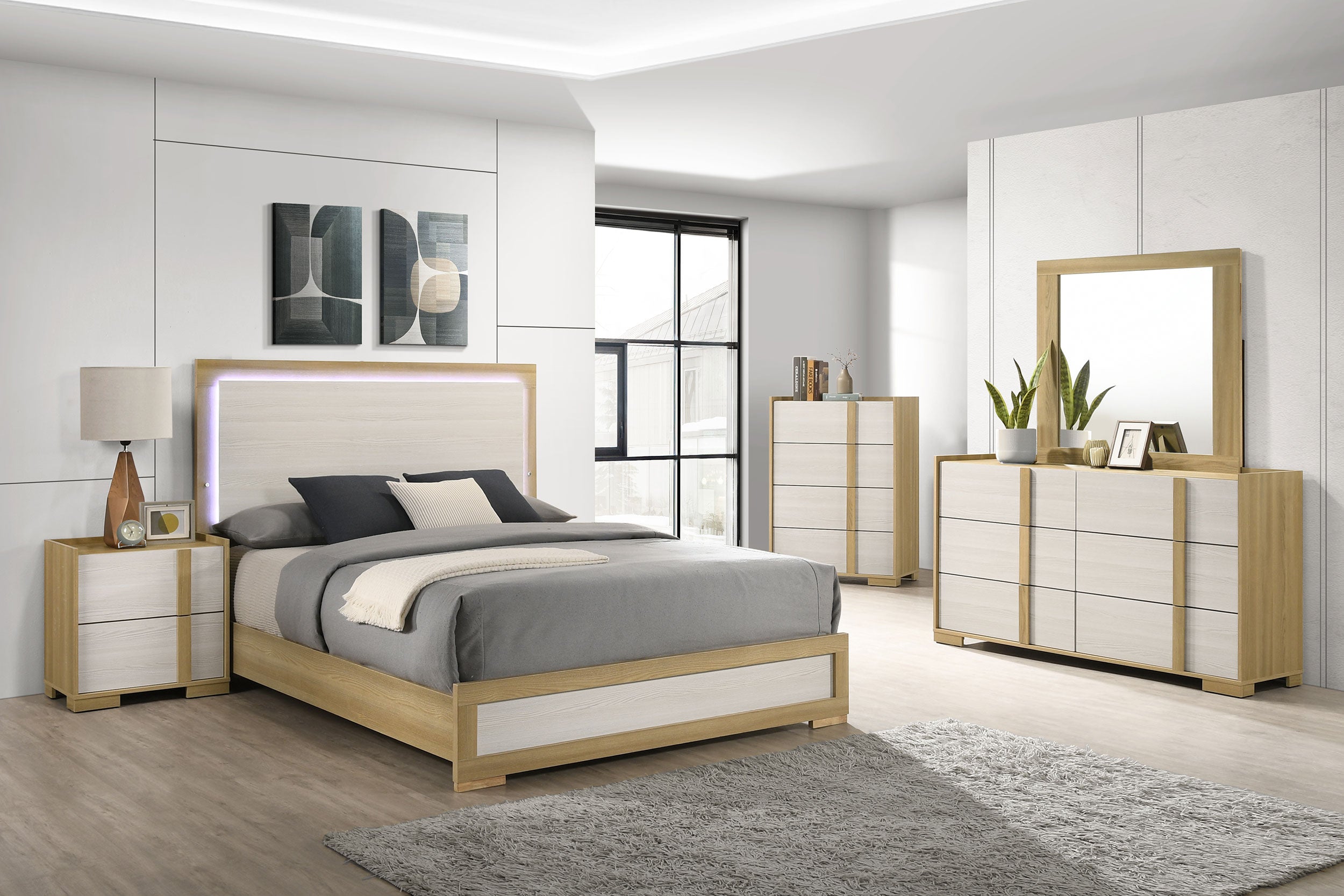 Hyland Dresser with Mirror, Chest, Nightstand and Mirror with Natural