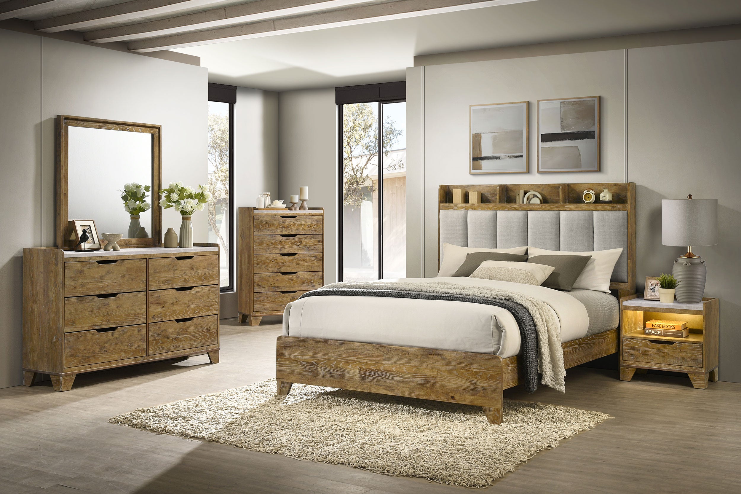 Henderson Medium Oak Dresser with Mirror, Chest, Nightstand and Mirror