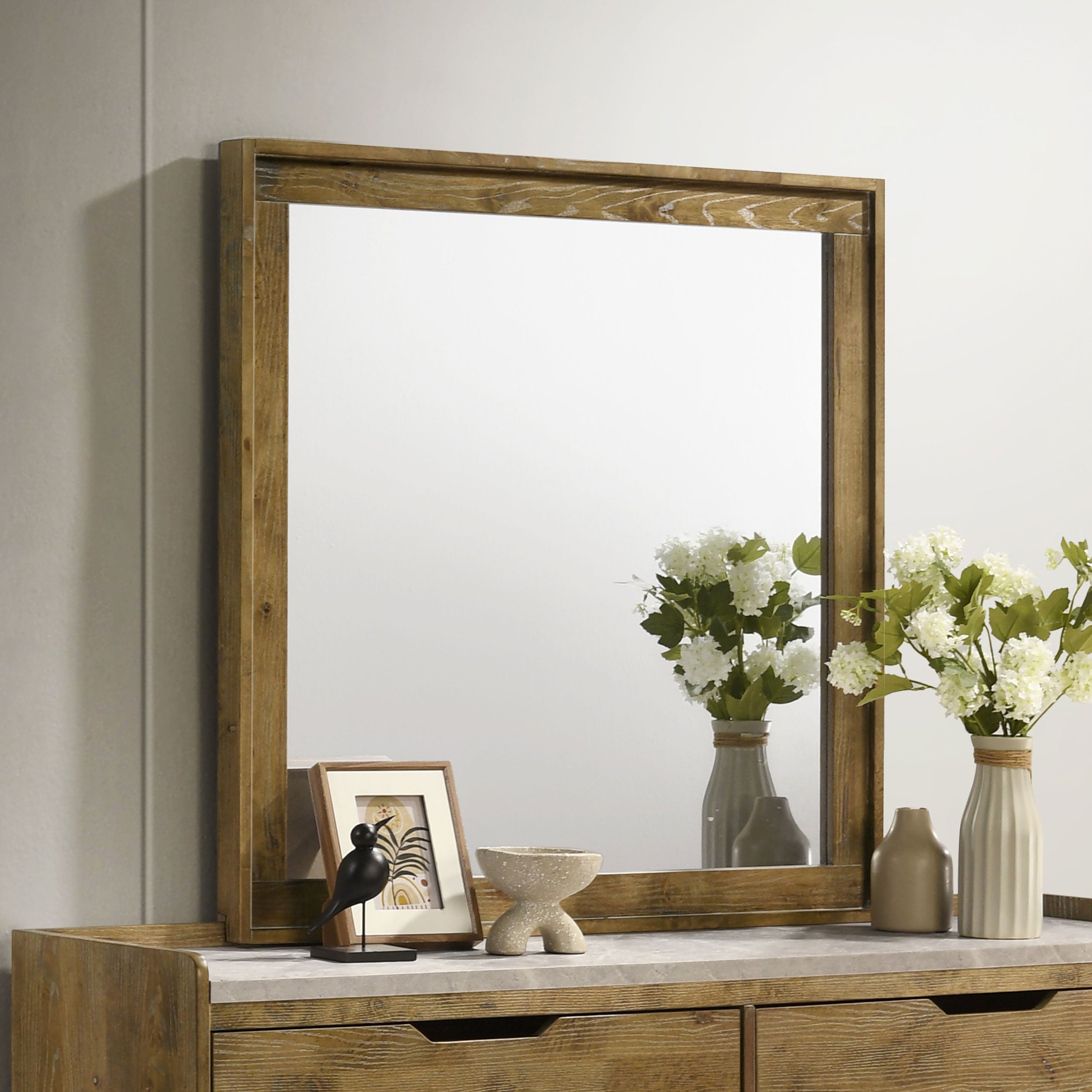 Henderson Medium Oak Dresser with Mirror, Chest, Nightstand and Mirror