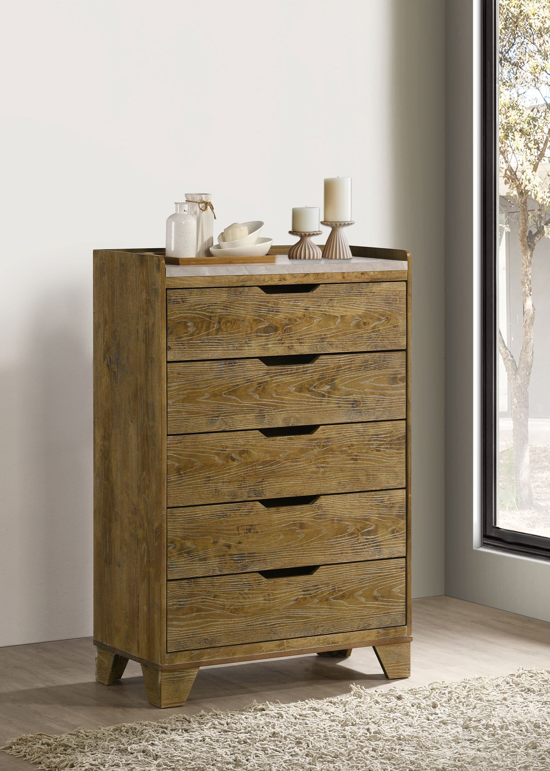 Henderson Medium Oak Dresser with Mirror, Chest, Nightstand and Mirror