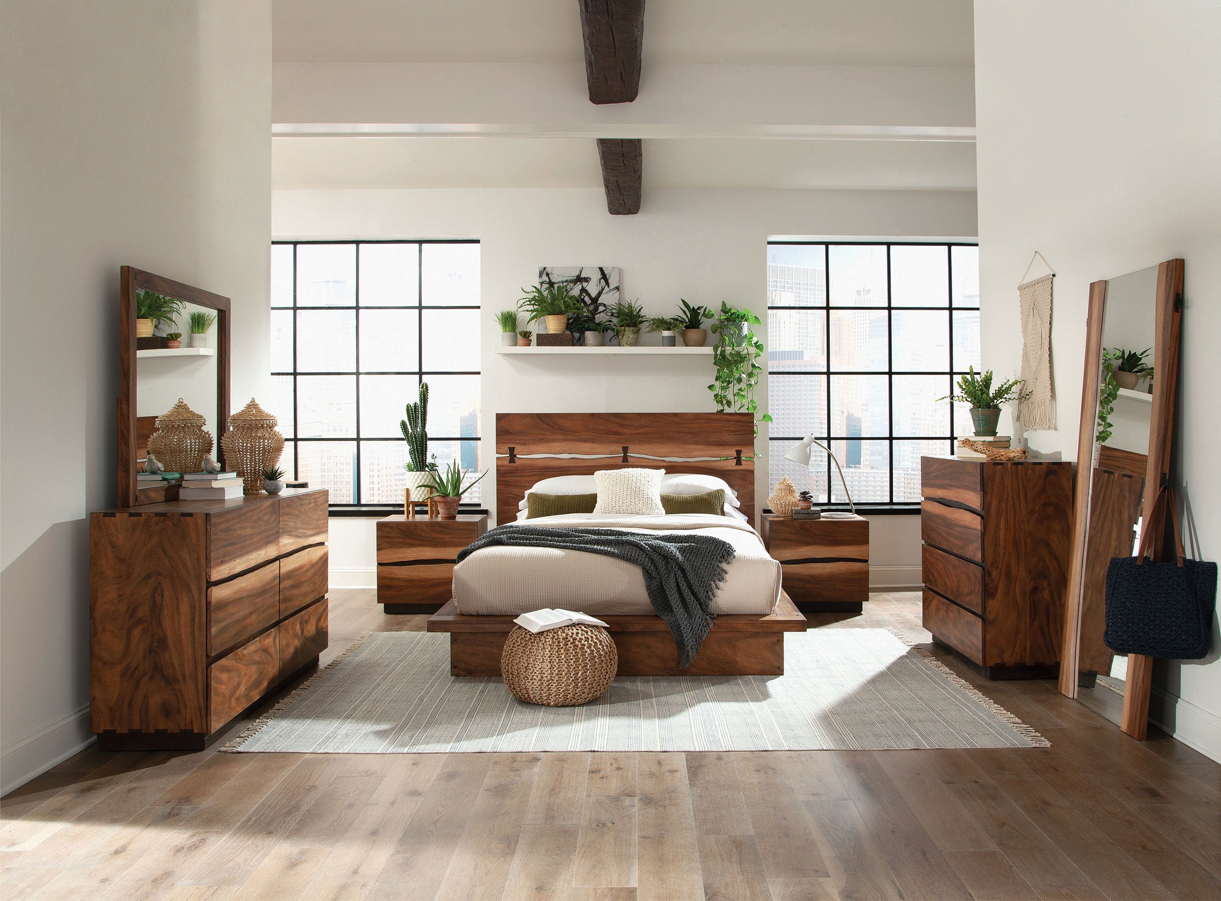 Winslow 6-drawer Dresser with Mirror, Chest, Nightstand and Mirror Smokey Walnut