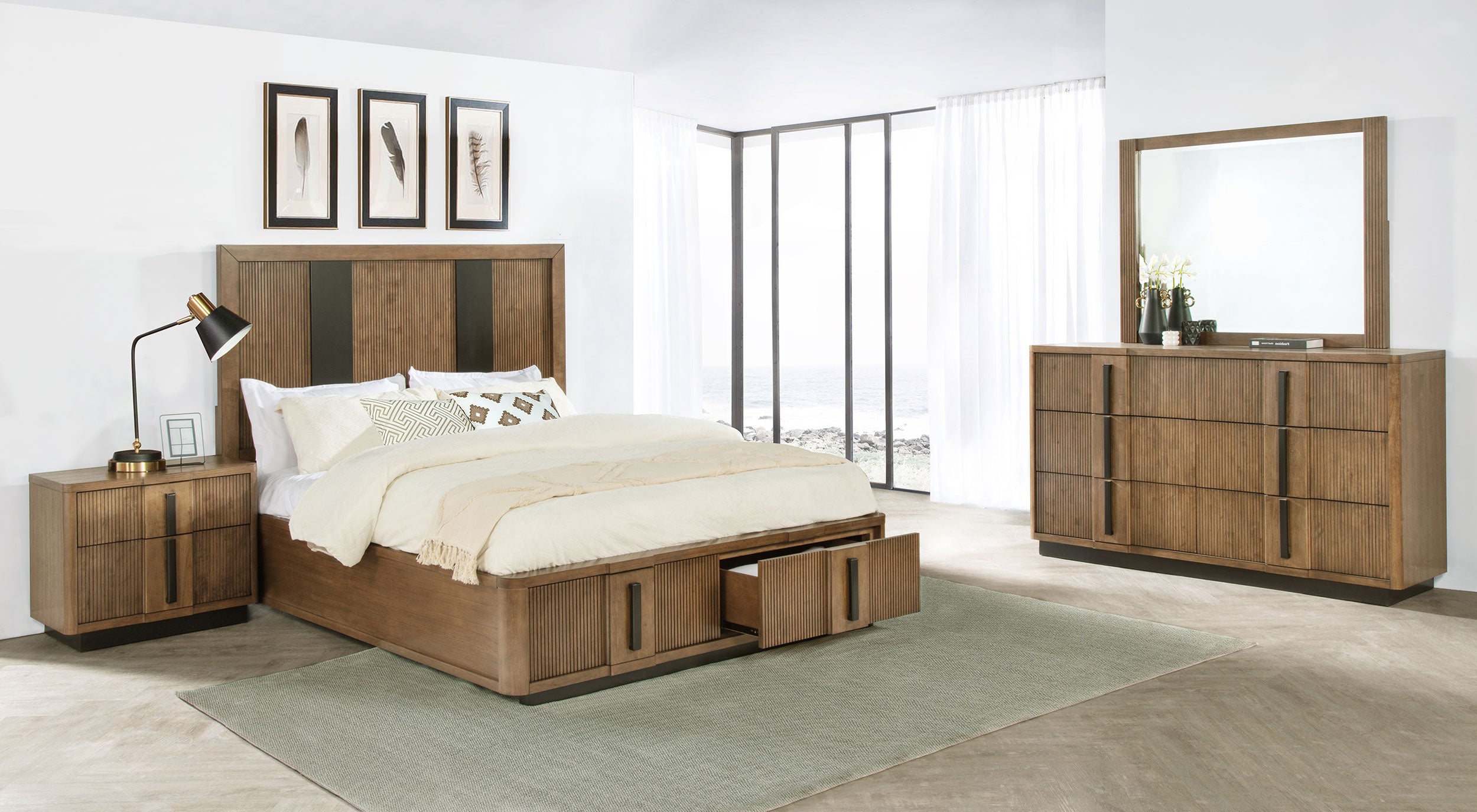 Terrace Ash Brown Dresser with Mirror, Chest, Nightstand