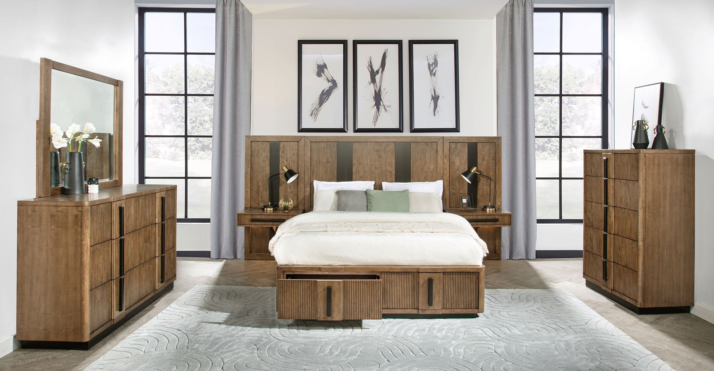 Terrace Ash Brown Dresser with Mirror, Chest, Nightstand