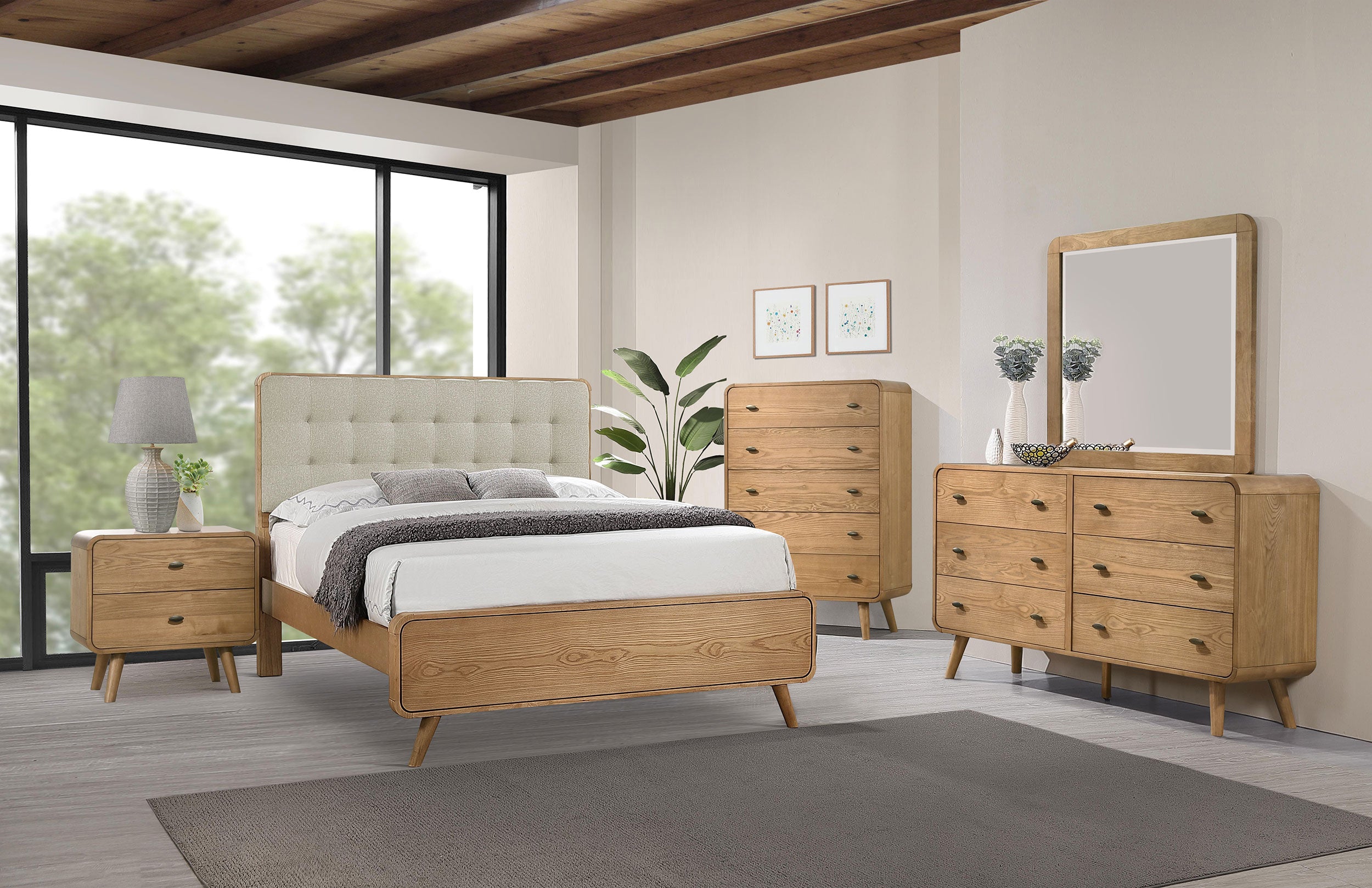 Robyn Light Ash Dresser with Mirror, Chest, Nightstand and Mirror with Natural