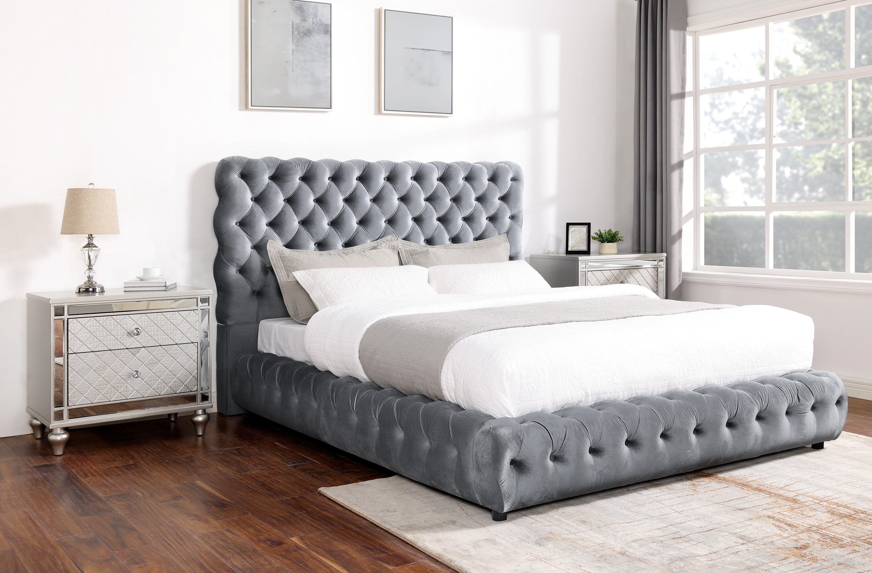 Flory Collection Grey Velvet Bed Platform