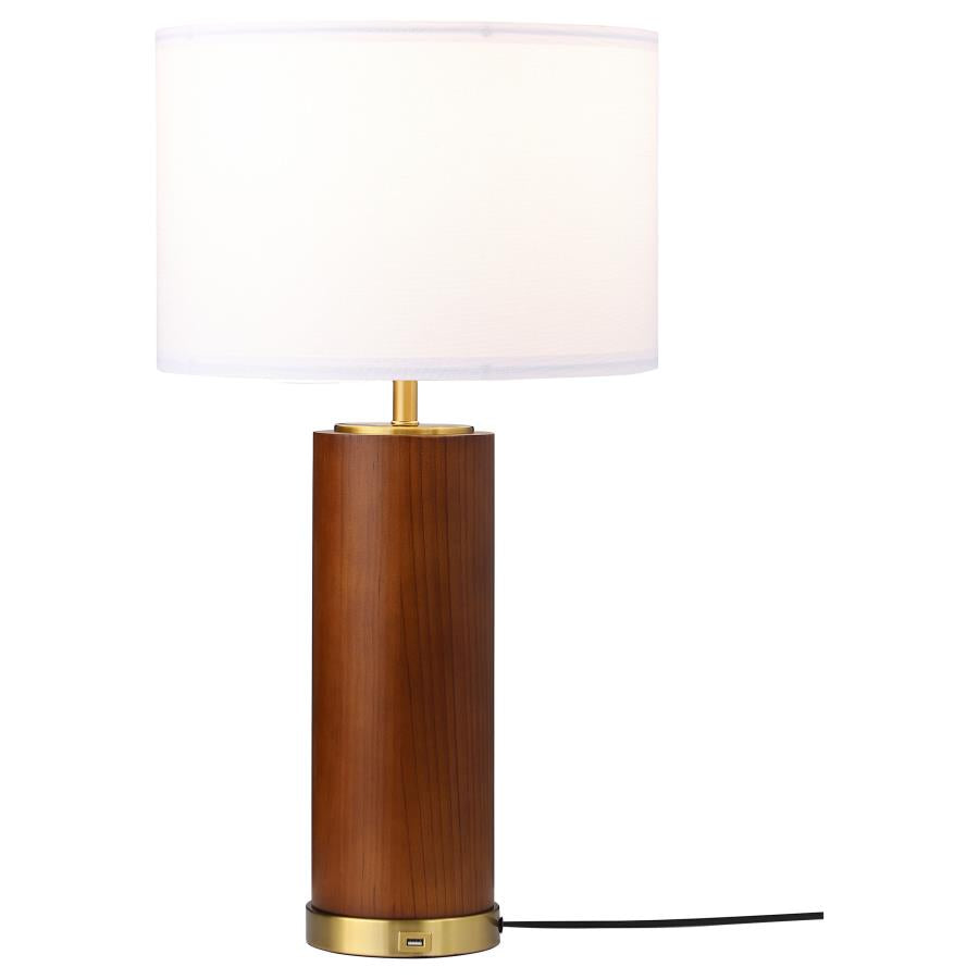 Wood Textured Table Lamp With Gold Leg And USB Port