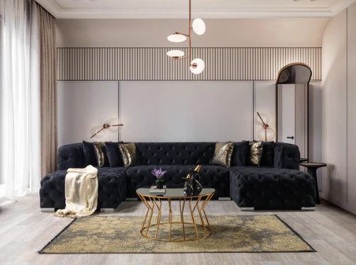 Neva Black Velvet Double Chaise Sectional