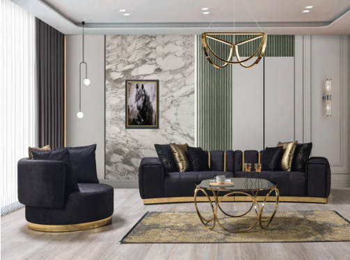 Michelle Black Velvet Curved Sectional and Chair