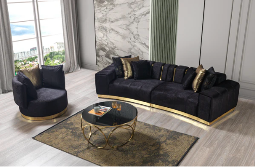 Michelle Black Velvet Curved Sectional and Chair