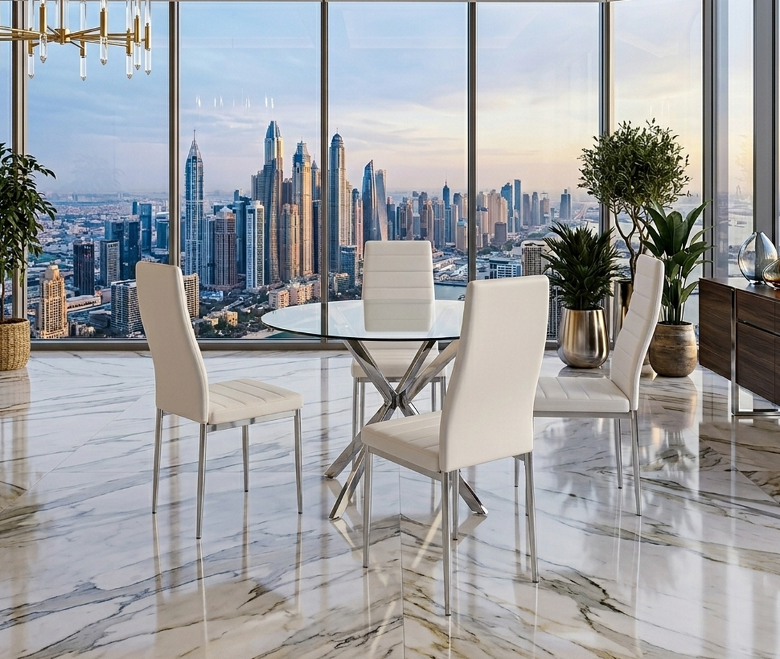 Beckham Round Dining Table with White Finish Chairs