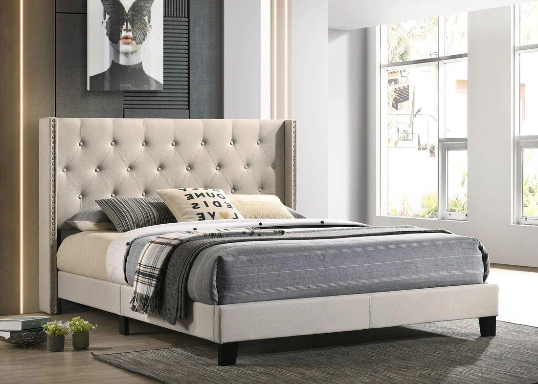 Fog-Beige Linen Platform Bed
