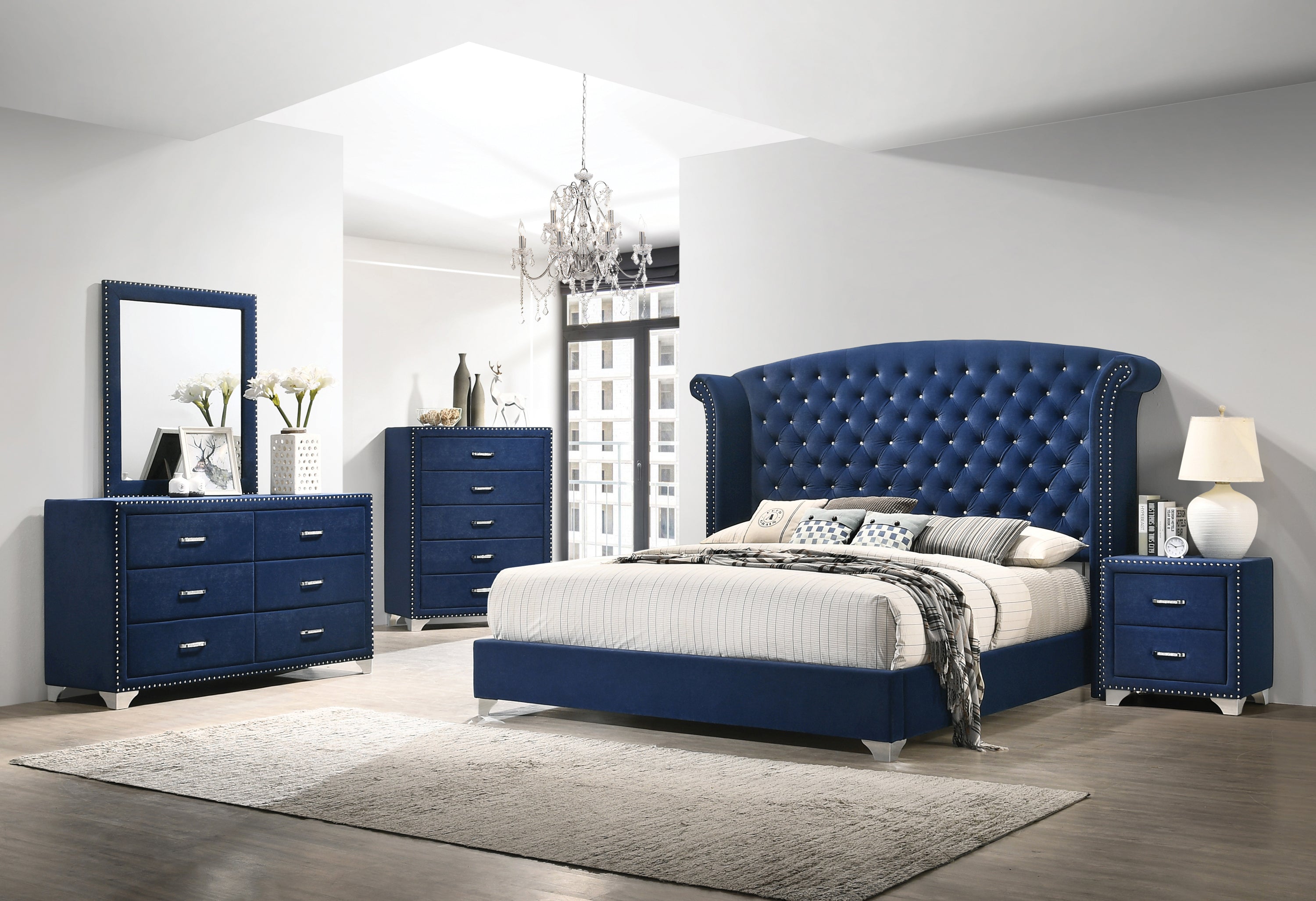Melody Pacific Blue Velvet Upholstered Bedroom Chest
