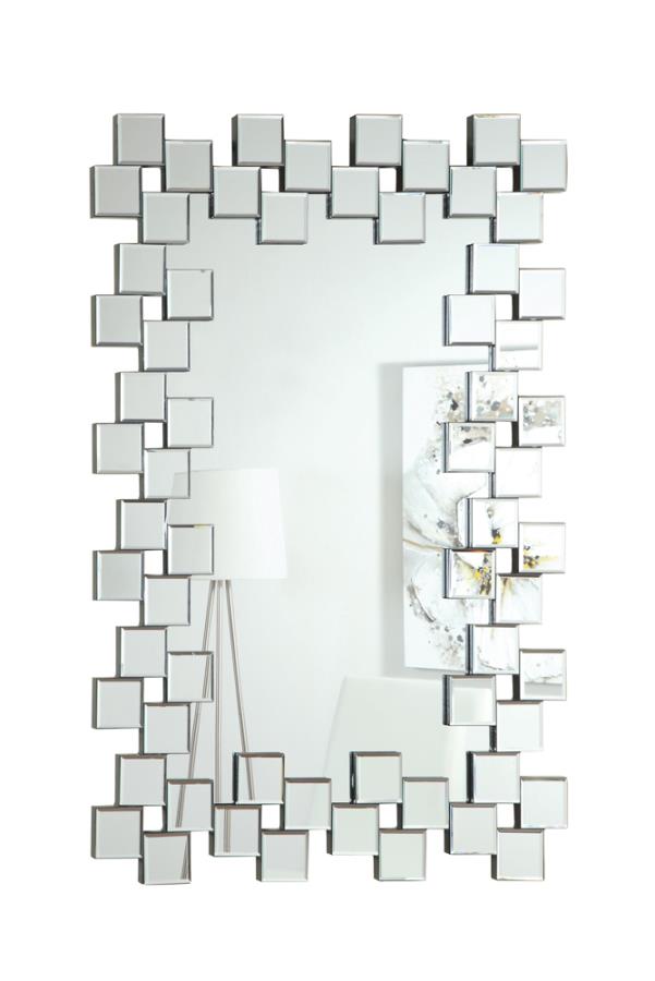 Frameless Wall Mirror with Staggered Tiles Silver