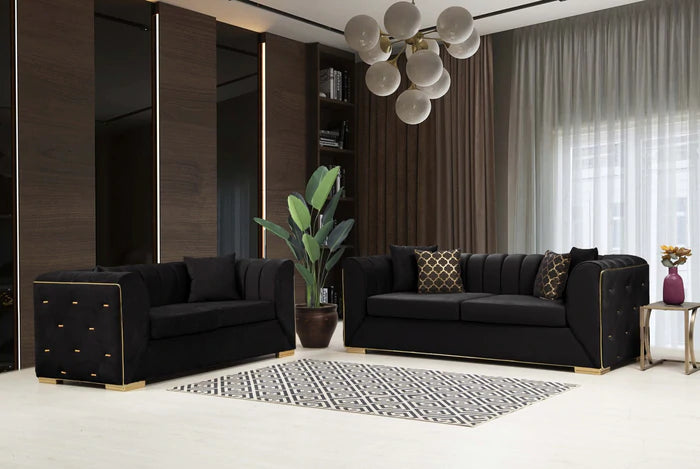 Armony Sofa & Loveseat - Velvet Upholstery -Black