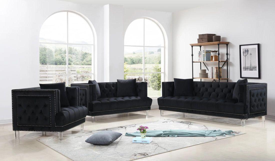 Lucas Black Velvet 3-Piece Living Room Set