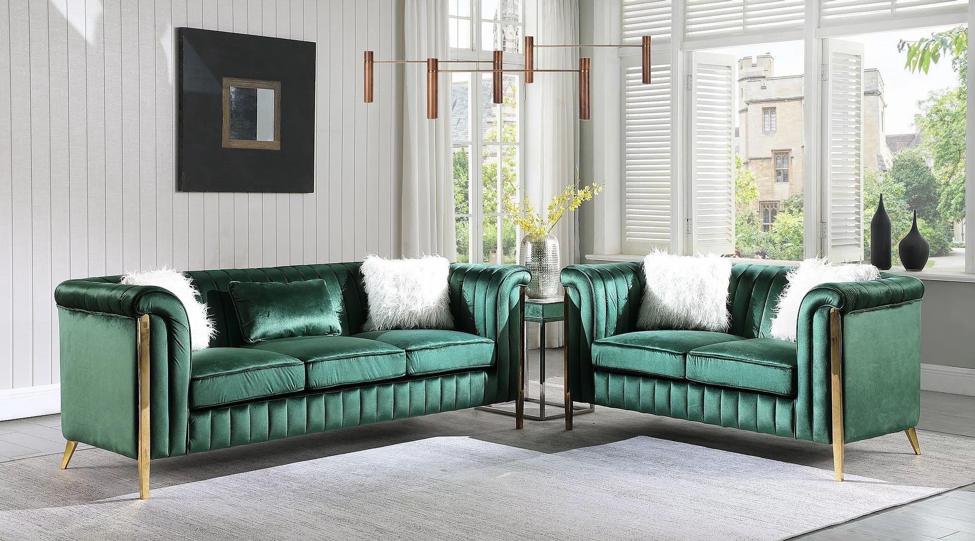 Fara Velvet Sofa & Loveseat Set - Emerald Green